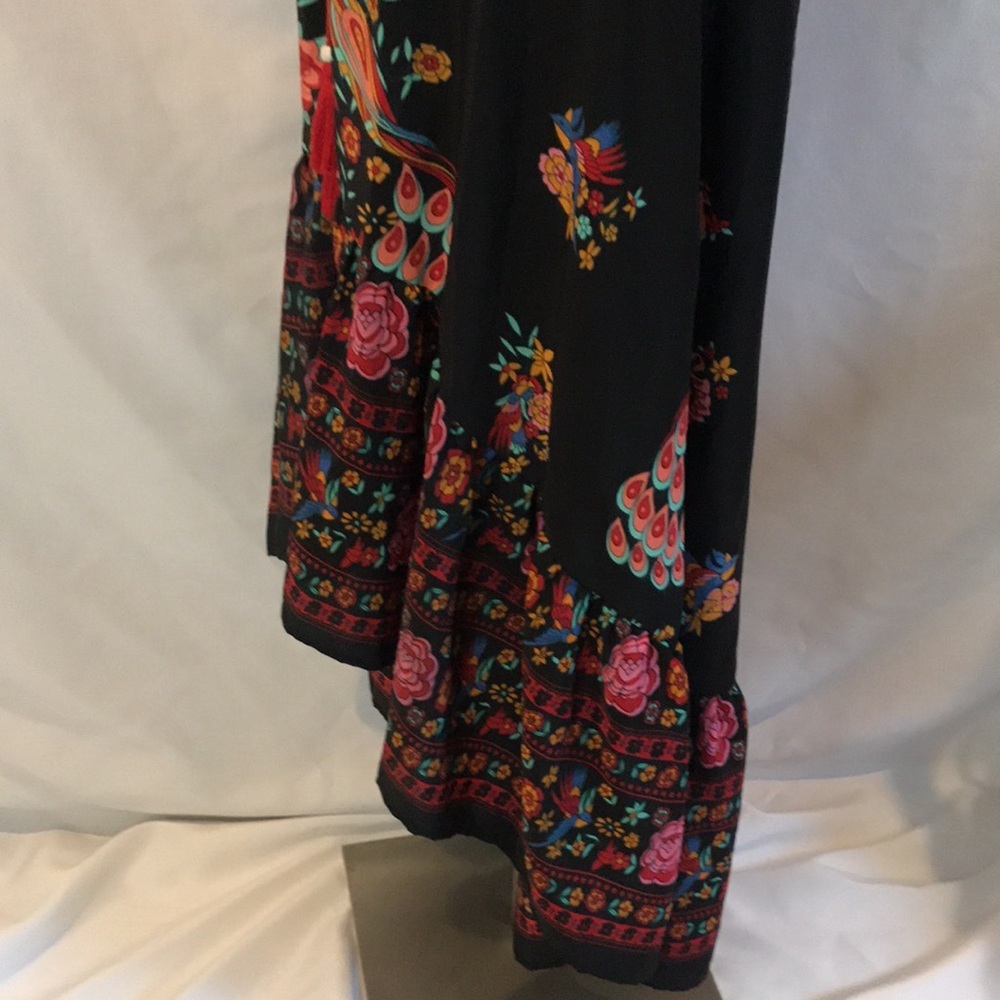 Black floral peacock colorful print short sleeves hi-low maxi dress boho gypsy M - Picture 10 of 16